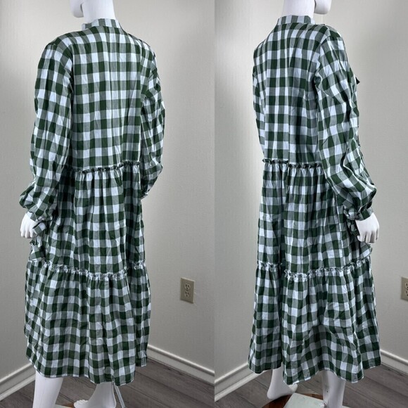 LJC Designs Bellagio Cotton Green Gingham Plaid Peasant Midi NEW Pullover Dress - Picture 7 of 10
